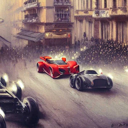 Image similar to a beautiful picture of a car race in the streets of monaco by greg rutkowski and theophile - alexandre steinlen trending on artstation