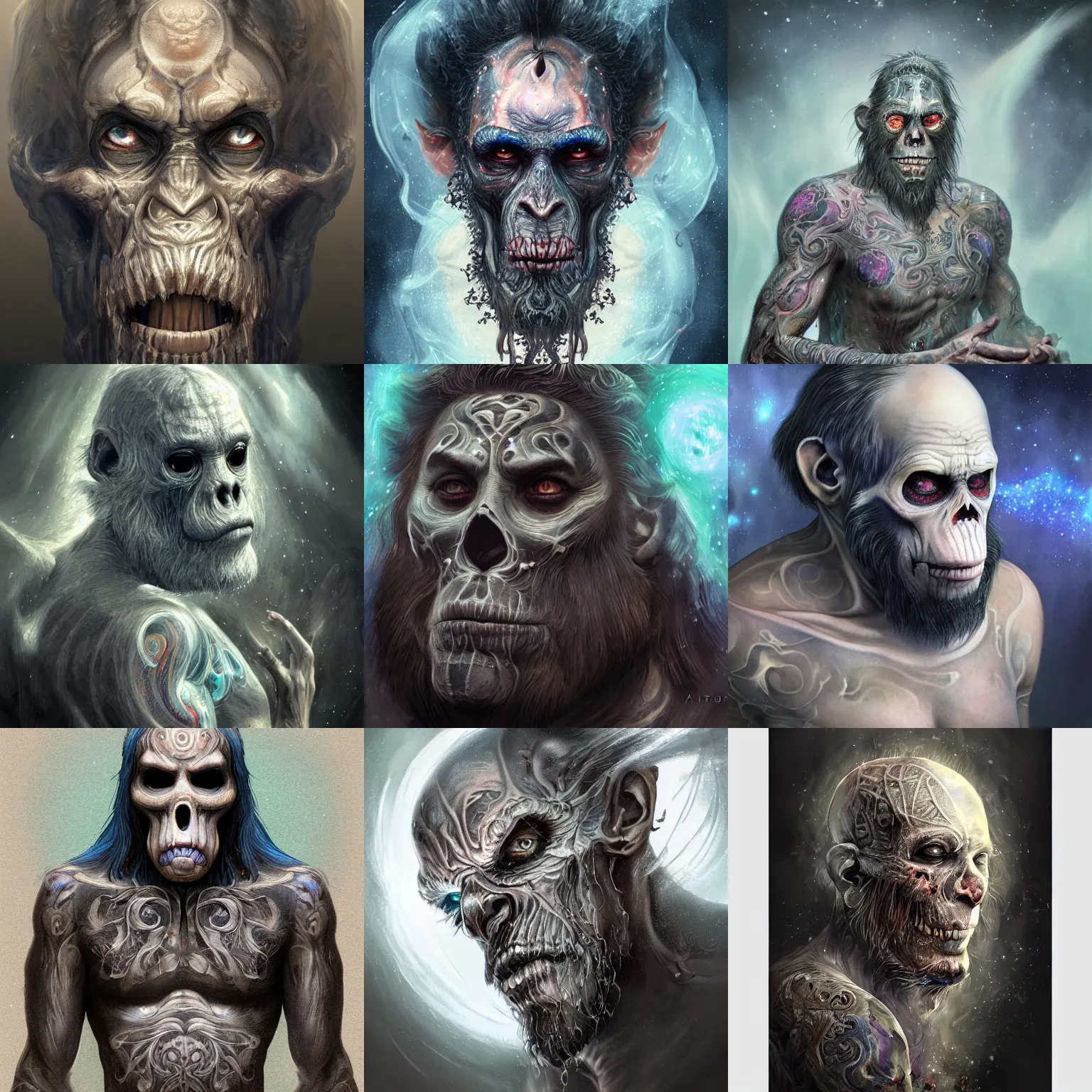 Image similar to a WLOP 3d render of Very very very very highly detailed beautiful mystic portrait of a phantom undead ape with whirling galaxy around, tattoos by Anton Pieck, intricate, extremely detailed, digital painting, artstation, concept art, smooth, sharp focus, illustration, intimidating lighting, incredible art,