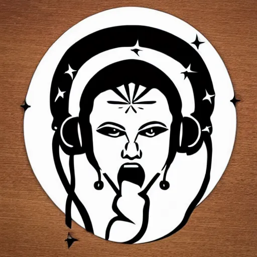 Image similar to svg vector sticker of absolutely divine-deity-angel, rocking out, wearing headphones, huge speakers, dancing, rave, DJ, spinning records, digital art, amazing composition, rule-of-thirds, award-winning, trending on artstation, featured on deviantart, uncropped, white-space, far-back, complete-subject