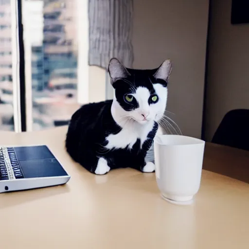 Image similar to a photo of a cat wearing a shirt and tie, sitting at a white desk with a book and a laptop on it