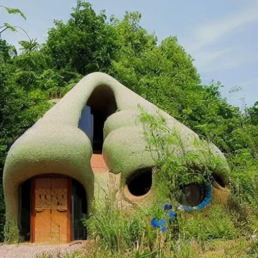 Prompt: beautiful overgrown modern Earthship home made from clay cob with permaculture garden, in the style of studio ghibli