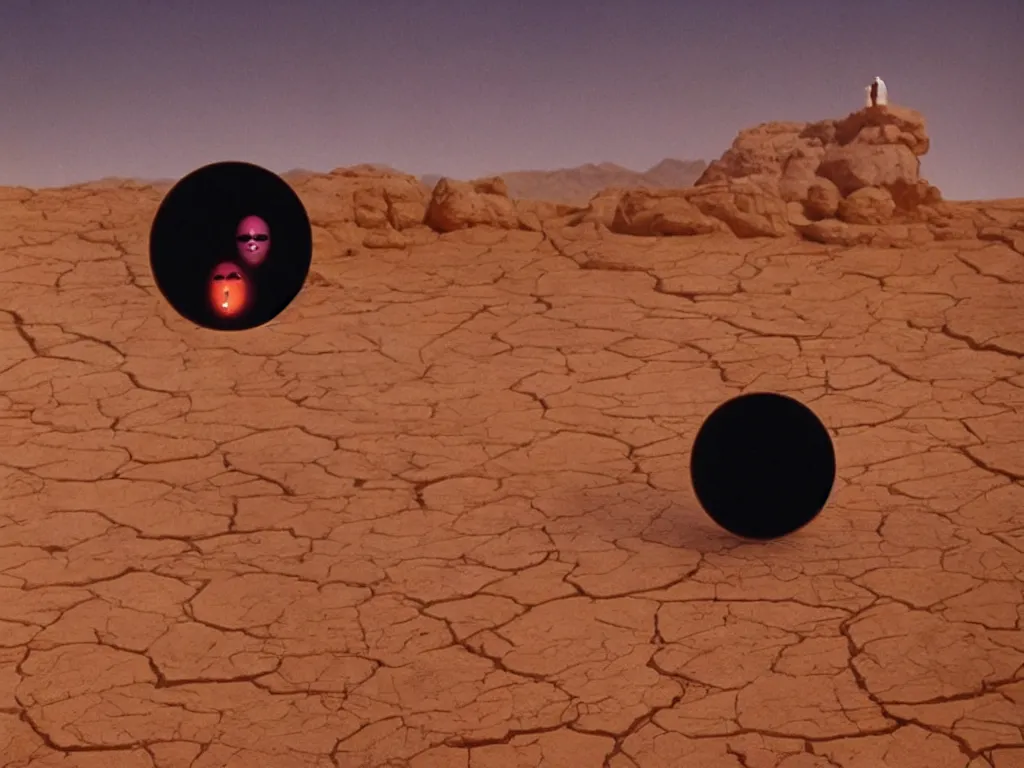 Prompt: levitating bene gesserit with full - face golden mask and glowing eyes in a dry rocky desert landscape, visible sky and sunny atmosphere, fata morgana giant mirrors, black hole in the sky by alejandro jodorowsky, anamorphic lens, kodakchrome, cinematic composition, practical effects, 8 k,