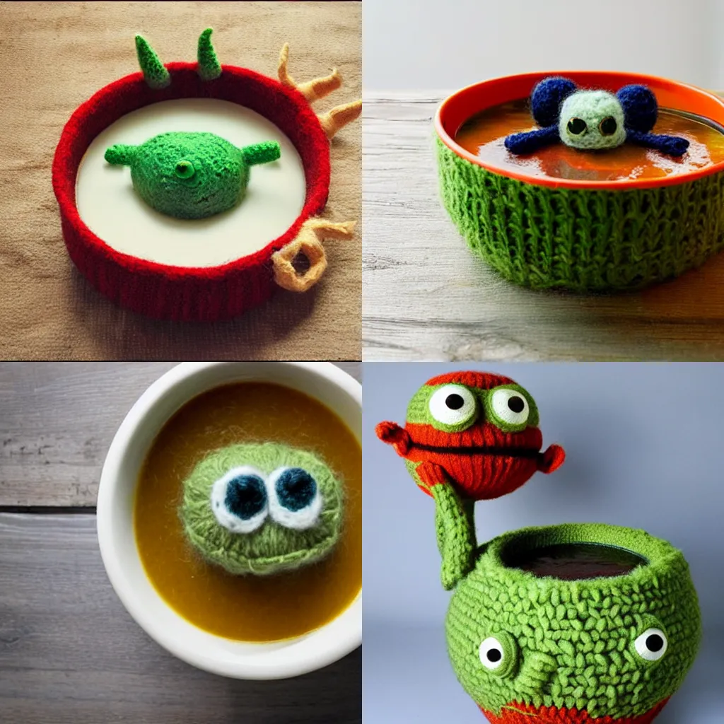 Image similar to a bowl of soup that looks like a monster, knitted out of wool