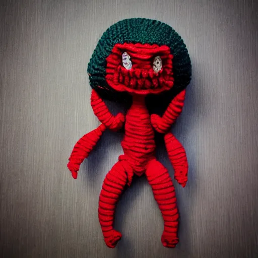 Image similar to knitted cuddly xenomorph cuddles ripley, cute styling, yarn, photorealistic