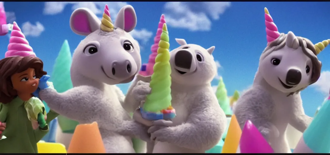 Image similar to a medium shot of a unicorn and koala enjoying ice cream cones at a birthday, highly detailed, Pixar movie, anamorphic lens