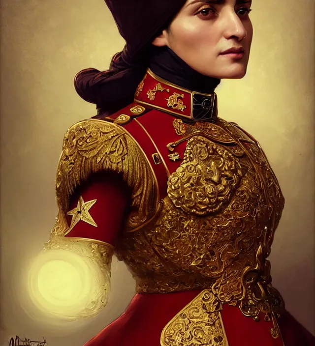 Image similar to portrait of a turkish woman wearing a traditional nineteenth century ottoman empire military uniform, metal shoulder pauldrons, intricate, highly detailed, digital painting, artstation, concept art, sharp focus, cinematic lighting, illustration, art by artgerm and greg rutkowski, alphonse mucha, cgsociety