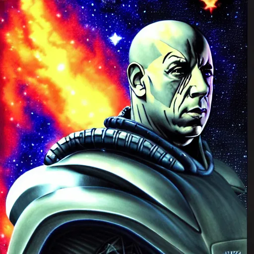 Image similar to an extraterrestrial vin diesel wearing futuristic armor pyramids and galaxies background by ken sugimori and junji ito in the style of dark fantasy, award - winning art, artstationhd