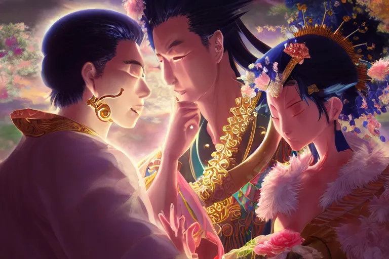 Image similar to close up moment of a divine a japan sun god and a moon goddess lovers magician at a wedding banquet, highly detailed, genshin, fantasy, 4 k realistic, digital painting, trending on artstation, concept art, sharp focus, illustration, art by makoto shinkai and akihiko yoshida and daniel gerhartz