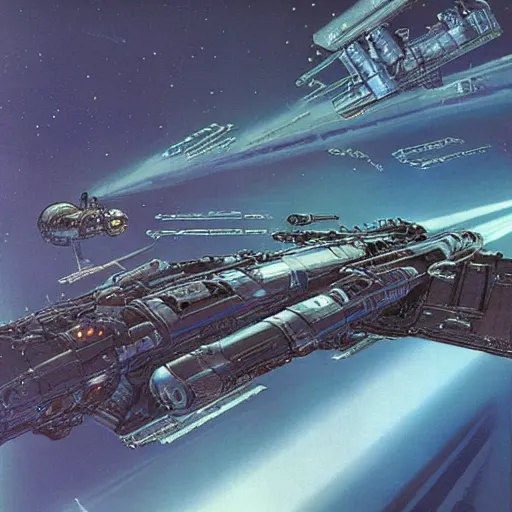 Prompt: a vast steampunk spaceship approaches the wreckage of a derelict starship in deep space by doug chiang and ralph mcquarrie
