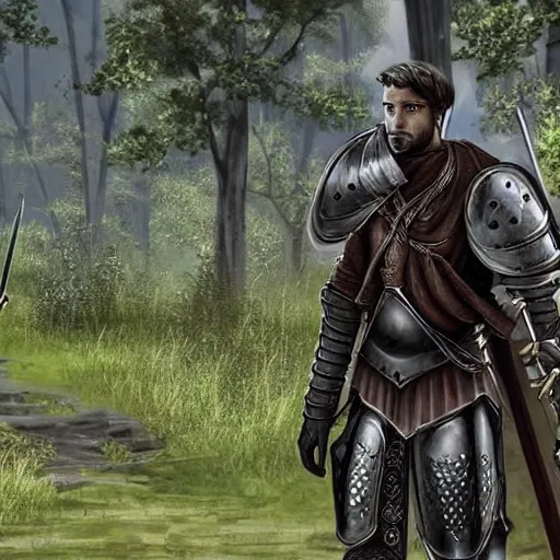 Image similar to Knight Theo is all in iron armor and his squire, who only has a spear and a huge bag of supplies, are walking along a forest path. Beautiful style, very detailed