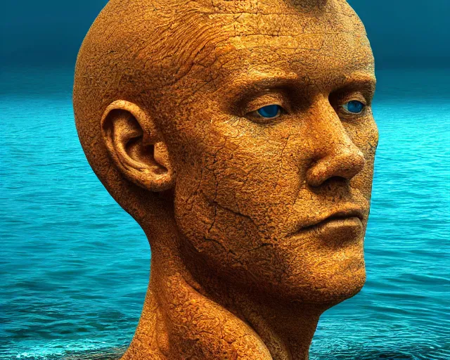 Image similar to a giant human head award winning sculpture on the surface of the ocean, abstract sculpture, in the style of chad knight, hyper detailed, hyper realistic, ray tracing, 8 k resolution, sharp focus