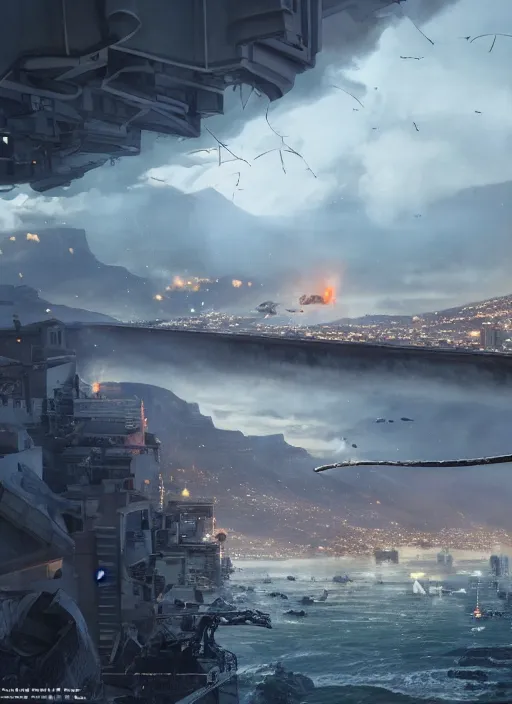 Image similar to hyper realistic squid robot attacking cape town city, table mountain explosions, atmospheric beautiful details, strong composition drawn in ink by kim jung giu weta studio rutkowski, james gurney and greg rutkowski, and lucasfilm