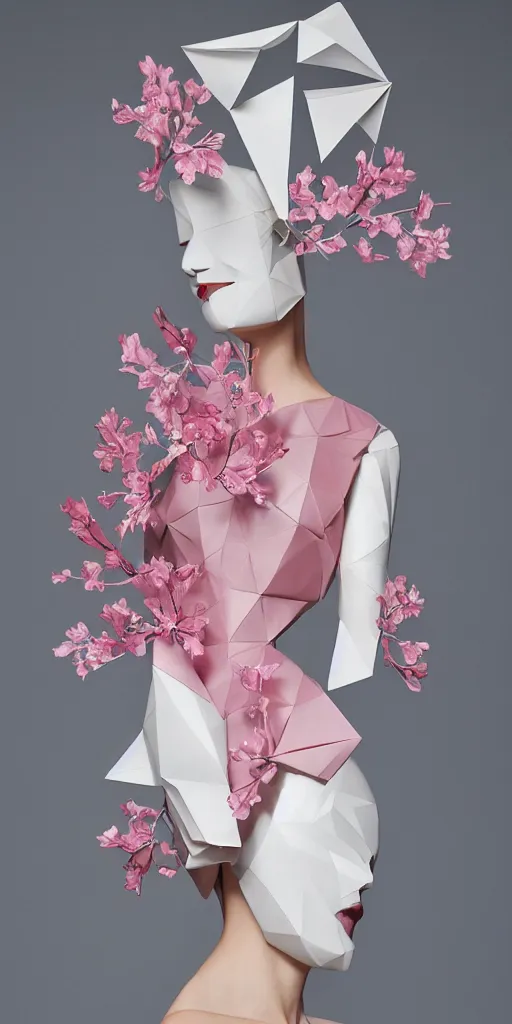 Image similar to portrait of a beautiful ceramic model wearing sakura ( ( origami themed paper flower ) ) and metallic shapes haute couture by issey miyake