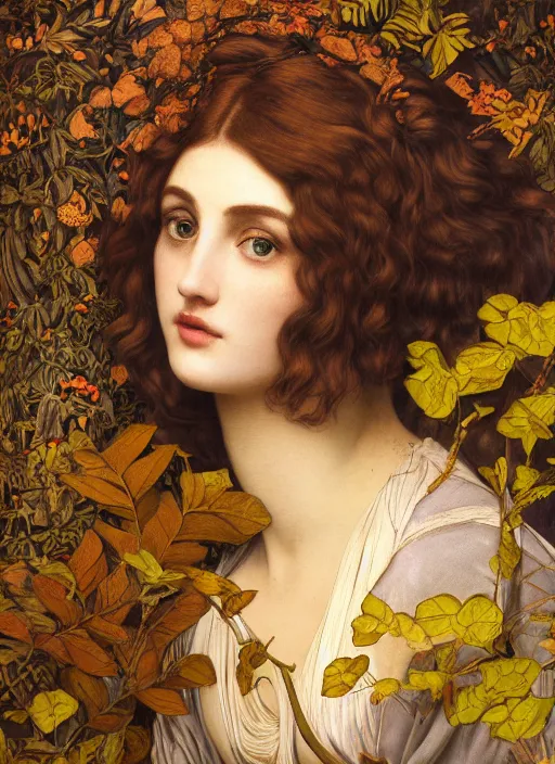 Image similar to masterpiece beautiful seductive flowing curves preraphaelite face portrait amongst leaves, extreme close up shot, straight bangs, thick set features, yellow ochre ornate medieval dress, magpie, amongst foliage mushroom forest circle arch framing, kilian eng and frederic leighton and rosetti, 4 k