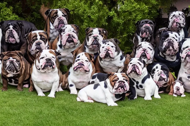 Image similar to a backyard full of bulldogs that are facing directly into the camera