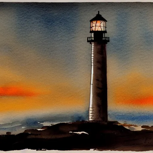 Image similar to beautiful watercolor and ink drawing of lighthouse at night artstation