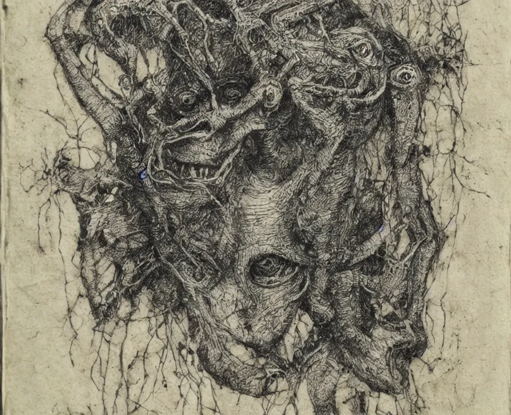 Prompt: ancient magical creepy humanoid creature, diagram nature sketchbook, etching, intaglio, on old distressed parchment paper,