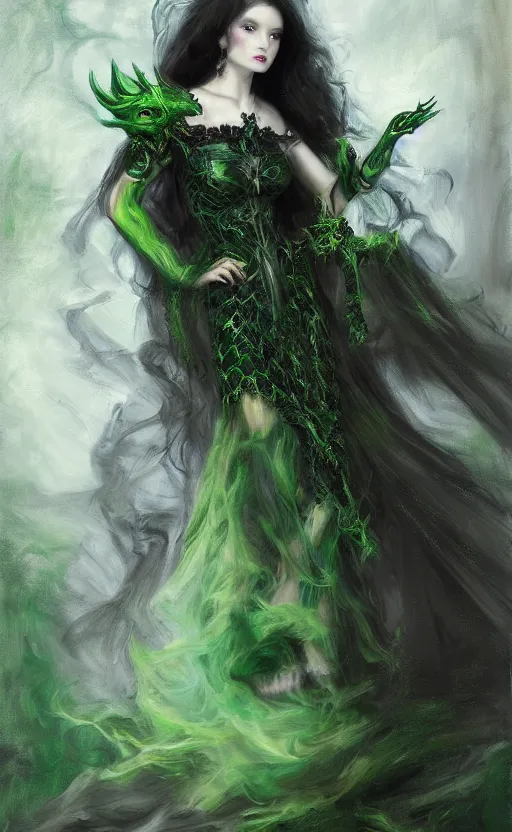 Prompt: Gothic princess in dark and green dragon armor. By Konstantin Razumov, Fractal flame, chiaroscuro, highly detailded