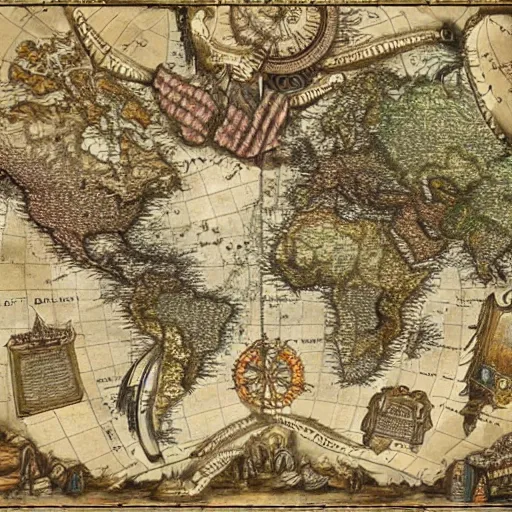 Prompt: maps, continents, steampunk, highly detailed.