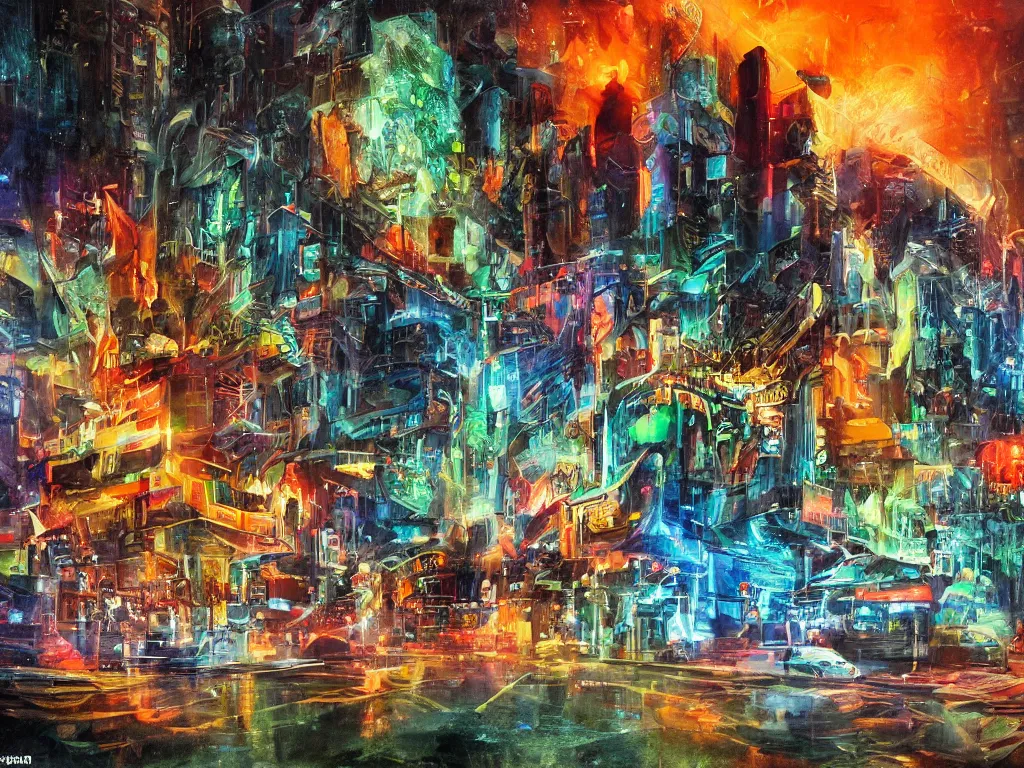 Prompt: futuristic sci-fi city at night with bright neon lights contrasting heavily with dark ominous buildings in three point perpective, primarily blue in color with orange and green accents, in the style of esao andrews, oil painting, pop surrealism, cartoon-tainted abstract surrealism, vibrant, contrast, 4k, volumetric, HDR, crisp, detailed, beautiful, concept art, matte painting, artstation, dynamic, colorful, spacious, reflective windows, futuristic cars, people, robots, sharp detailed reflections