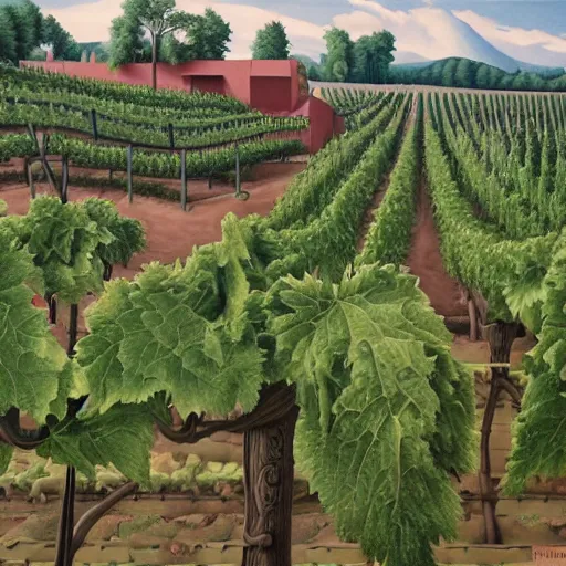 Image similar to Hyperrealism traditional austian vineyard work, painting by MC Escher