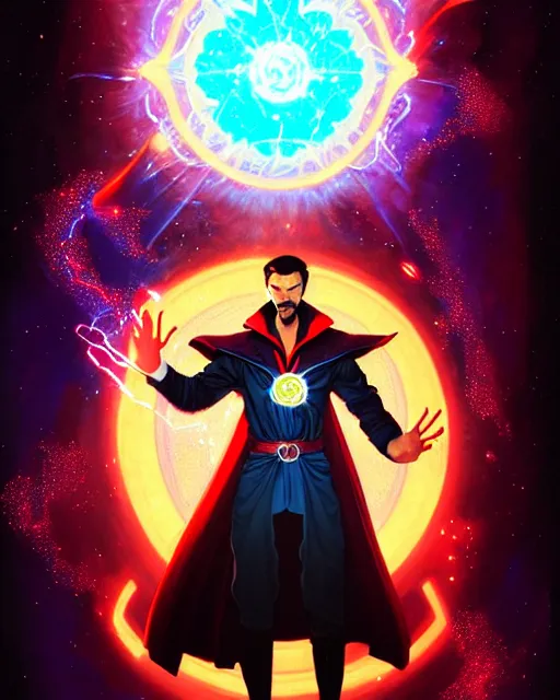 Image similar to a character portrait of dr. strange with glow, surrounded with spiriling sparkling flash crystals and galaxies, by jesper ejsing, aleksi briclot, hyper light drifter, by ilya kuvshinov katsuhiro, jim burns, ed emshwiller, greg rutkowski, trending on artstation