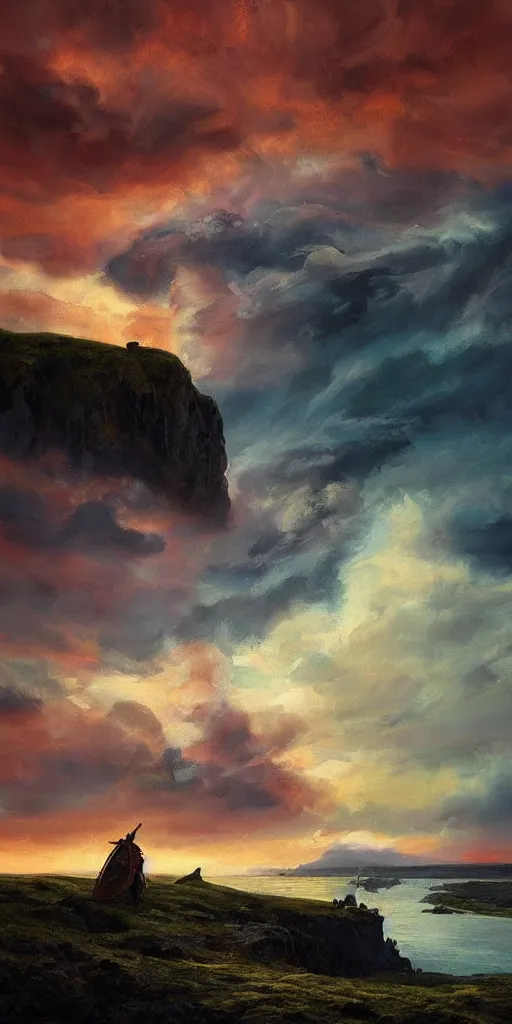 Prompt: “fictional Iceland with an apocalyptic colorful sky and two Vikings about to fight on a cliff, tonalism style, trending on Artstation, 8k, 4k, high-res, digital art”