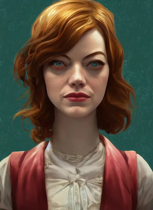 Image similar to Bioshock portrait of Emma Stone, au naturel, hyper detailed, digital art, trending in artstation, cinematic lighting, studio quality, smooth render, unreal engine 5 rendered, octane rendered, art style by klimt and nixeu and ian sprigger and wlop and krenz cushart