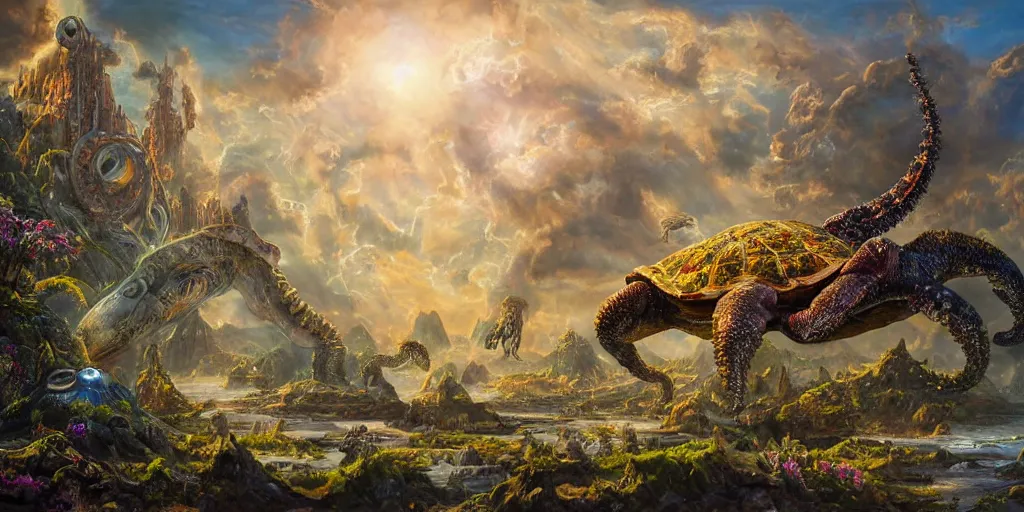 Image similar to fantasy oil painting, great leviathan, cybernetic turtle cephalopod terrapin reptilian pachyderm squid, bella hadid, hybrid, milla jovovich, anubis epic islamic city, natural light, lush plants flowers, spectacular mountains, bright clouds, luminous sky, outer worlds, golden hour, michael cheval, edward hopper, michael whelan, hd