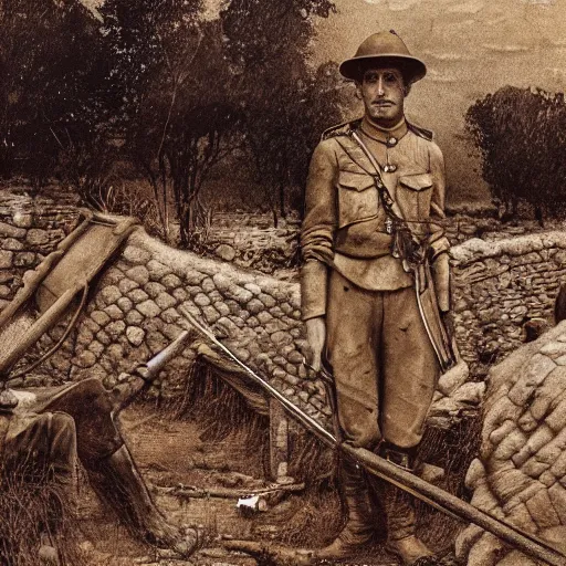 Image similar to ultra detailed photorealistic sepia - toned photograph from 1 9 1 7, a british officer in field gear standing at an archaeological dig site near petra jordan, ultra realistic, painted, intricate details, lovecraft, atmospheric, dark, horror, brooding, highly detailed, by angus mcbride