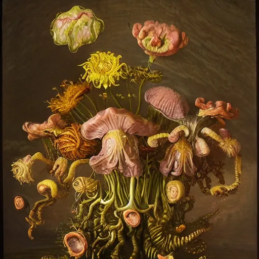 Image similar to disgusting disturbing dutch golden age bizarre mutant flower floral still life with many human toes very detailed fungus disturbing tendrils bizarre slimy forms sprouting up everywhere by rachel ruysch black background chiaroscuro dramatic lighting perfect composition high definition 8 k 1 0 8 0 p