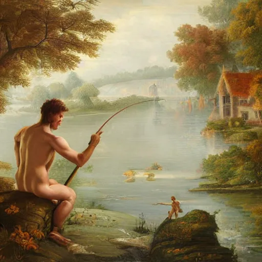 Image similar to painting fantasy nymph overlooking river as man fishes out giant chest full of gold