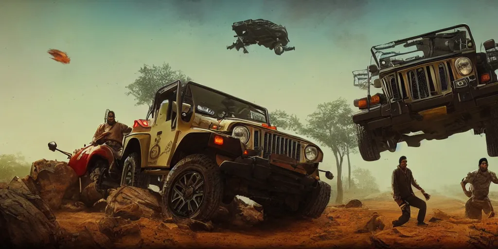 Prompt: Mahindra thar, malayalis attacking, furious action scene, an epic fantasy, dramatic lighting, cinematic, establishing shot, extremely high detail, photorealistic, cinematic lighting, artstation, by simon stalenhag, shadow of the tomb rider