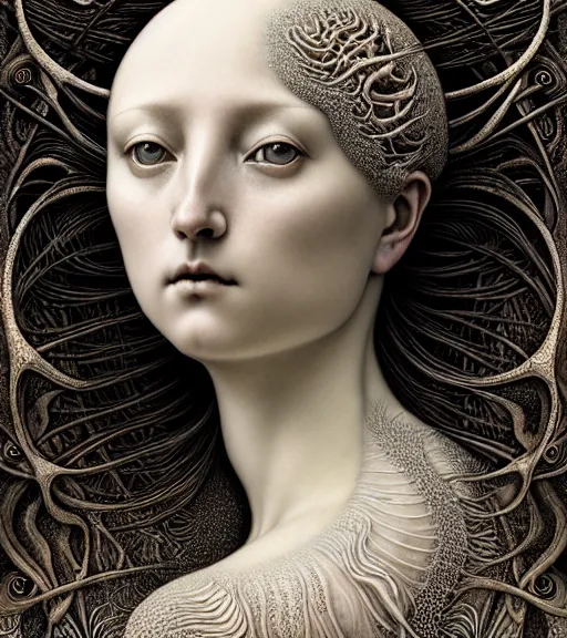 Image similar to detailed realistic beautiful porcelain moon goddess portrait by jean delville, gustave dore, iris van herpen and marco mazzoni, art forms of nature by ernst haeckel, art nouveau, symbolist, visionary, gothic, neo - gothic, pre - raphaelite, fractal lace, intricate alien botanicals, ai biodiversity, surreality, hyperdetailed ultrasharp octane render