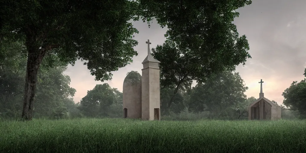 Image similar to abandoned green smooth concrete islamic church, surrounded by lush green forest and red ponds of water, stunning volumetric lighting, sundown, stunning skies, trending on Artstation, 8k, photorealistic, hyper detailed, unreal engine 5, IMAX quality, cinematic, epic lighting, cryengine, octane render, gloomy, foggy, dark