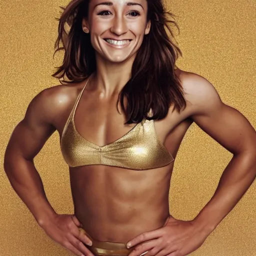 Image similar to jessica ennis hill wearing a gold bikini, detailed photo, high quality, 8k