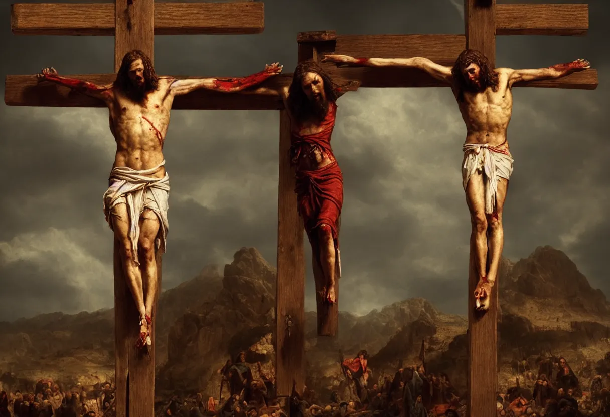 Prompt: crucified jesus cry blood from his eyes on cross, holy mary cry blood from her eyes under the cross, ominous apocalyptic background, hyperrealism, realistic, dramatic lighting, octane render, highly detailed, cinematic lighting, cinematic, art by rubens and rembrandt