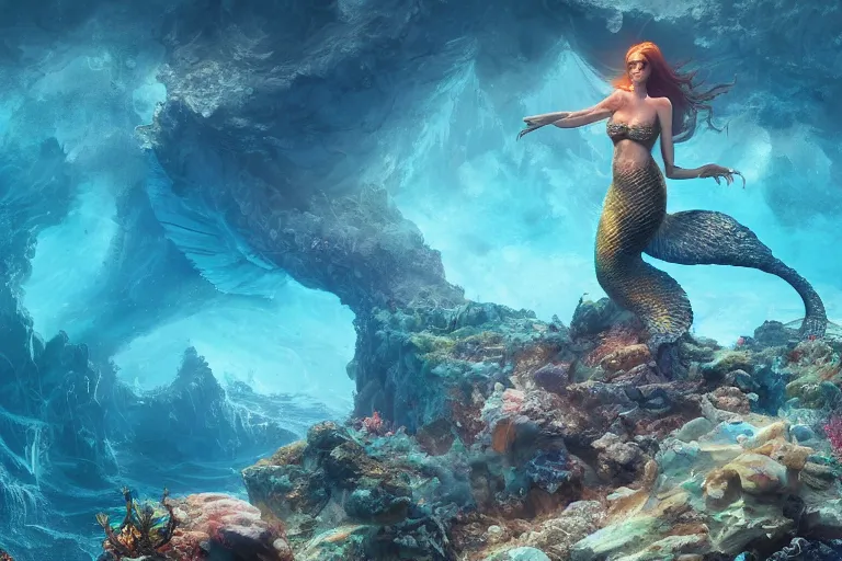 Image similar to a beautiful mermaid looking at the sunken city of Atlantic under water, ray of sunlight, Greg Rutkowski, Mohrbacher, volumetric lighting, octane render, 4K resolution, trending on artstation, masterpiece, vivid colours