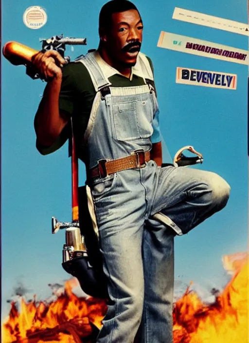 Image similar to an 8 0's john alvin action movie poster starring eddie murphy face as a plumber to rich people. bathroom. overalls. tool belt. the movie is called beverly hills crap