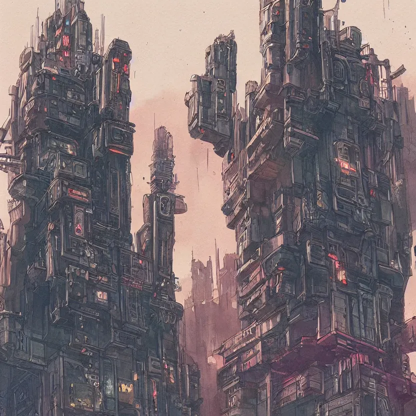 Image similar to a watercolor ink painting of a cyberpunk castle in the middle of a siege in the style of syd mead in the style of jean giraud trending on artstation deviantart pinterest detailed realistic hd 8 k high resolution