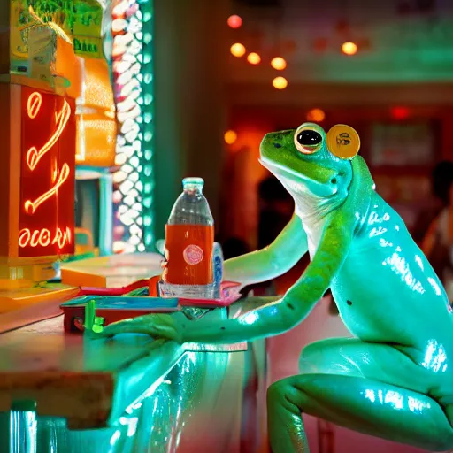 Image similar to cinematic photo of a beautiful albino frog woman lit with split colour turquoise and orange lighting buying lemonade from a childrens lemonade stand in suburbia