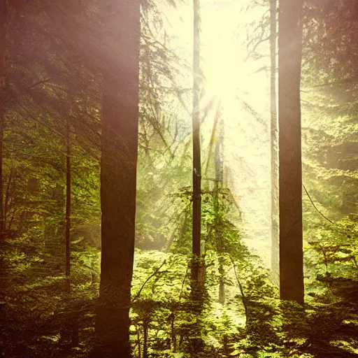 Prompt: atmospheric Polaroid photograph of a forest, sun shining through the leaves