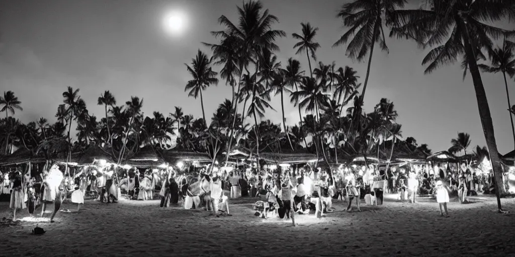 Prompt: Haunted Hawaiian Luau, crowded with ghosts on a moon lit beach