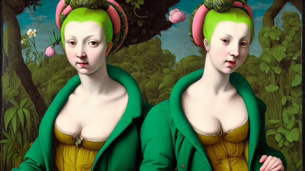 Image similar to portrait of a pale curvy woman with green blue hair buns, wearing a neon green puffer jacket, standing in a botanical garden, intricate details, high detail, in a high renaissance style, in the style of jacopo da pontormo, by mark ryden, punk, asian art,