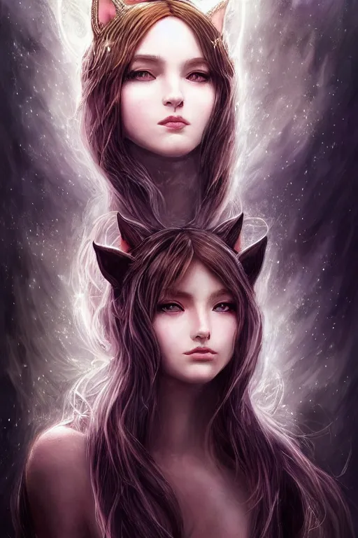 Image similar to majestic and regal portrait of a beautiful young cat girl!!, cat ears, tail, intricate, epic, elegant, menacing, fantasy, highly detailed, digital painting, hard focus, beautiful volumetric lighting, epic light, ultra detailed, souls, smoke, by leesha hannigan, ross tran, thierry doizon, kai carpenter, ignacio fernandez rios