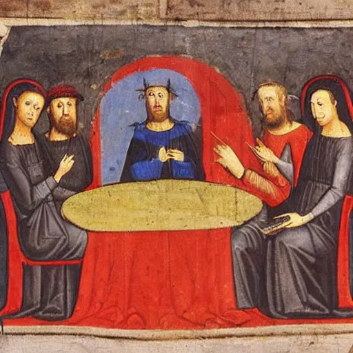 Prompt: Medieval painting of a group of friends sitting in a restaurant all watching their phones as the world is in flames around them