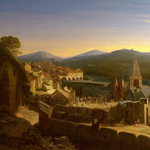 Image similar to a painting of a medieval town on top of a mountain, a matte painting by Charles Cundall,hudson river school, matte painting, rococo, detailed painting
