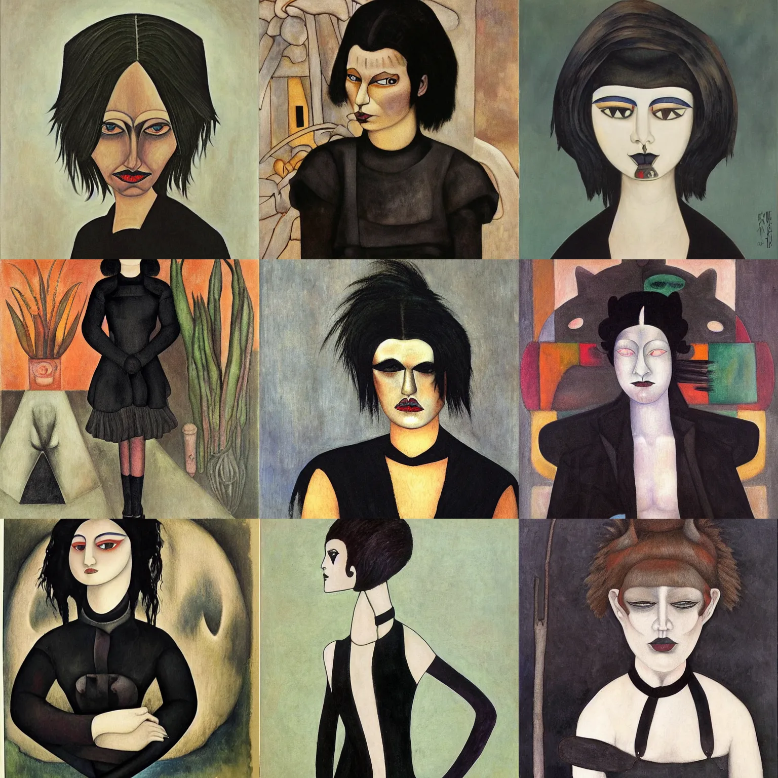 Prompt: A goth painted by Diego Rivera. Her hair is dark brown and cut into a short, messy pixie cut. She has a slightly rounded face, with a pointed chin, large entirely-black eyes, and a small nose. She is wearing a black tank top, a black leather jacket, a black knee-length skirt, a black choker, and black leather boots.
