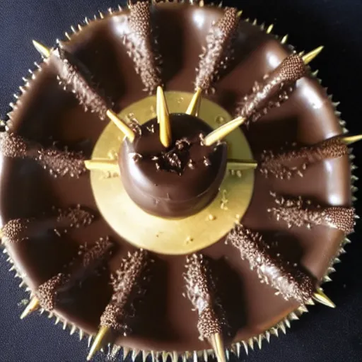 Prompt: Chocolate covered World War 2 naval contact mine with spikes, served on a plate, gourmet sweet