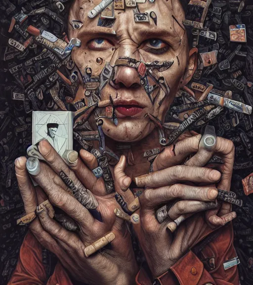 Prompt: portrait, nightmare anomalies, cigarettes by dariusz zawadzki, kenneth blom, mental alchemy, james jean, pablo amaringo, naudline pierre, contemporary art, hyper detailed